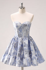 Fluffy Blue Homecoming Dresses Corset Strapless A Line Short Cocktail Dresses