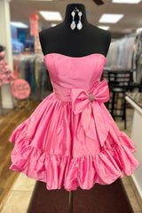 Fluffy Fuchsia Homecoming Dresses Strapless A Line Tiered Short Cocktail Dresses with Bow