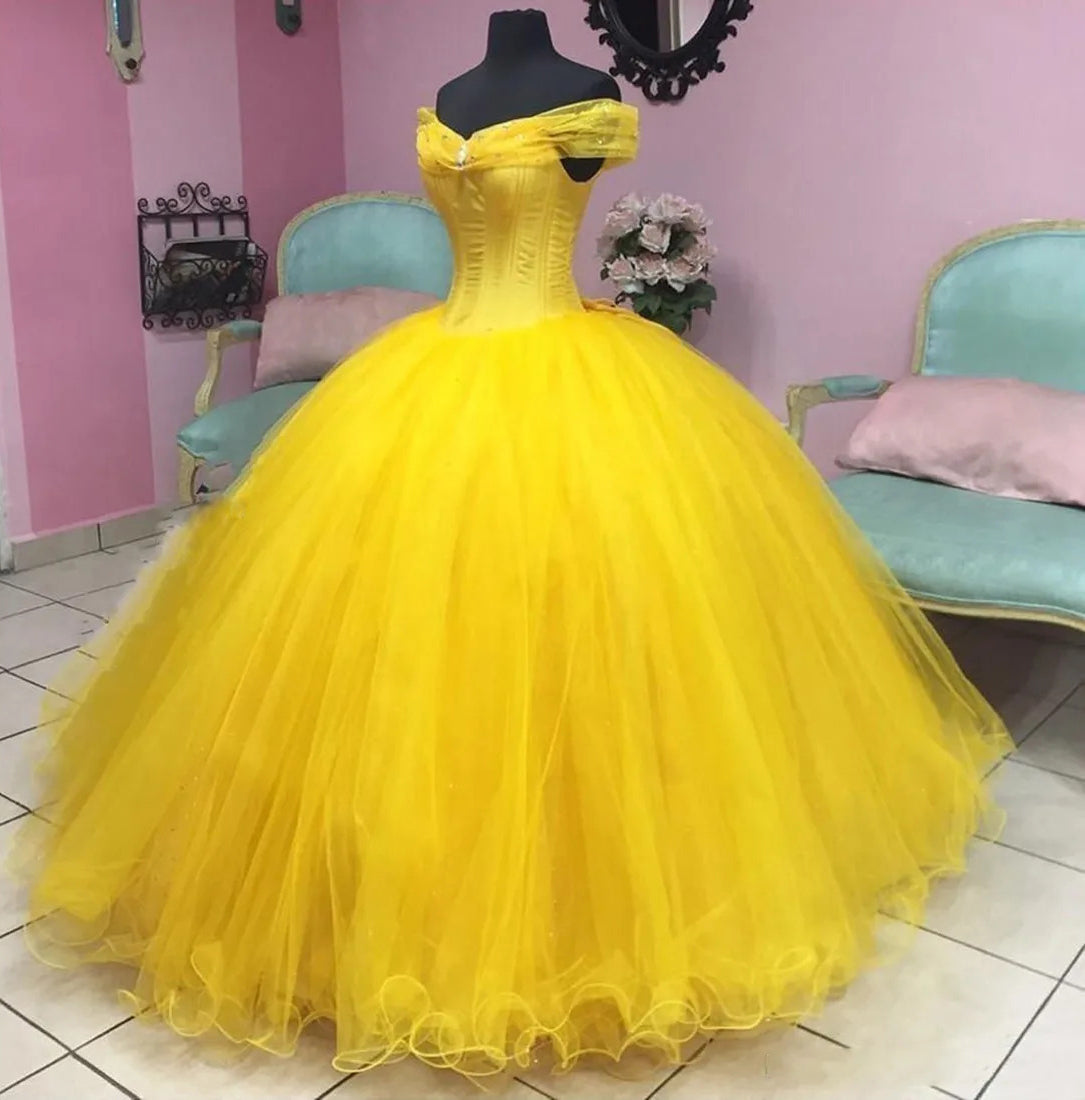 Formal Ball Gown Off Shoulder Sleeveless Floor Length Yellow Tulle Princess Gown Quinceanera Dress For Sweet 16