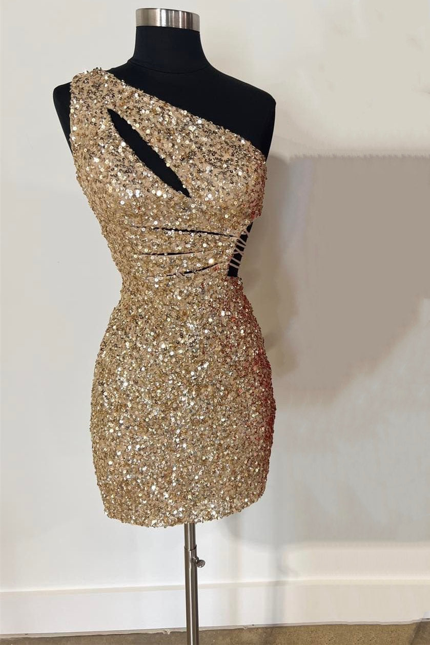 Frankie Homecoming Dress Pretty one shoulder Style Gold Cutout Sequin Bodycon Fitting Short Party Cocktail Dress