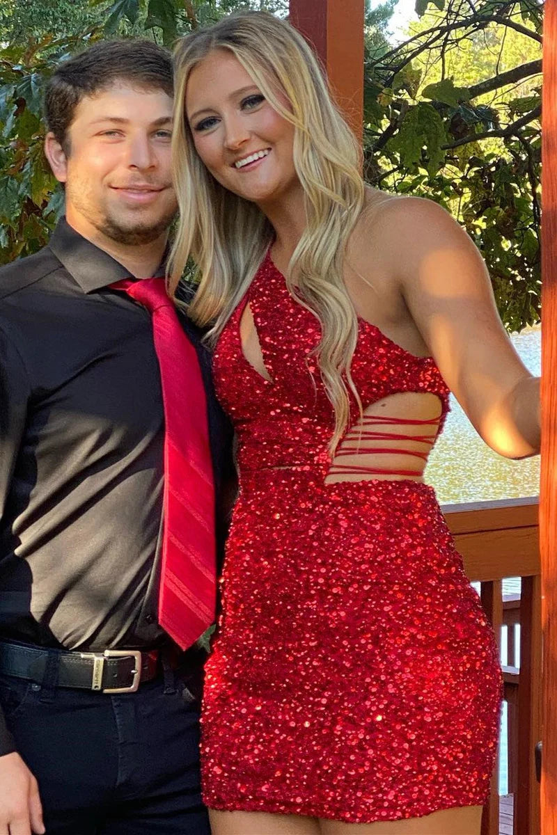 Frankie Homecoming Dress Pretty one shoulder Style Gold Cutout Sequin Bodycon Fitting Short Party Cocktail Dress