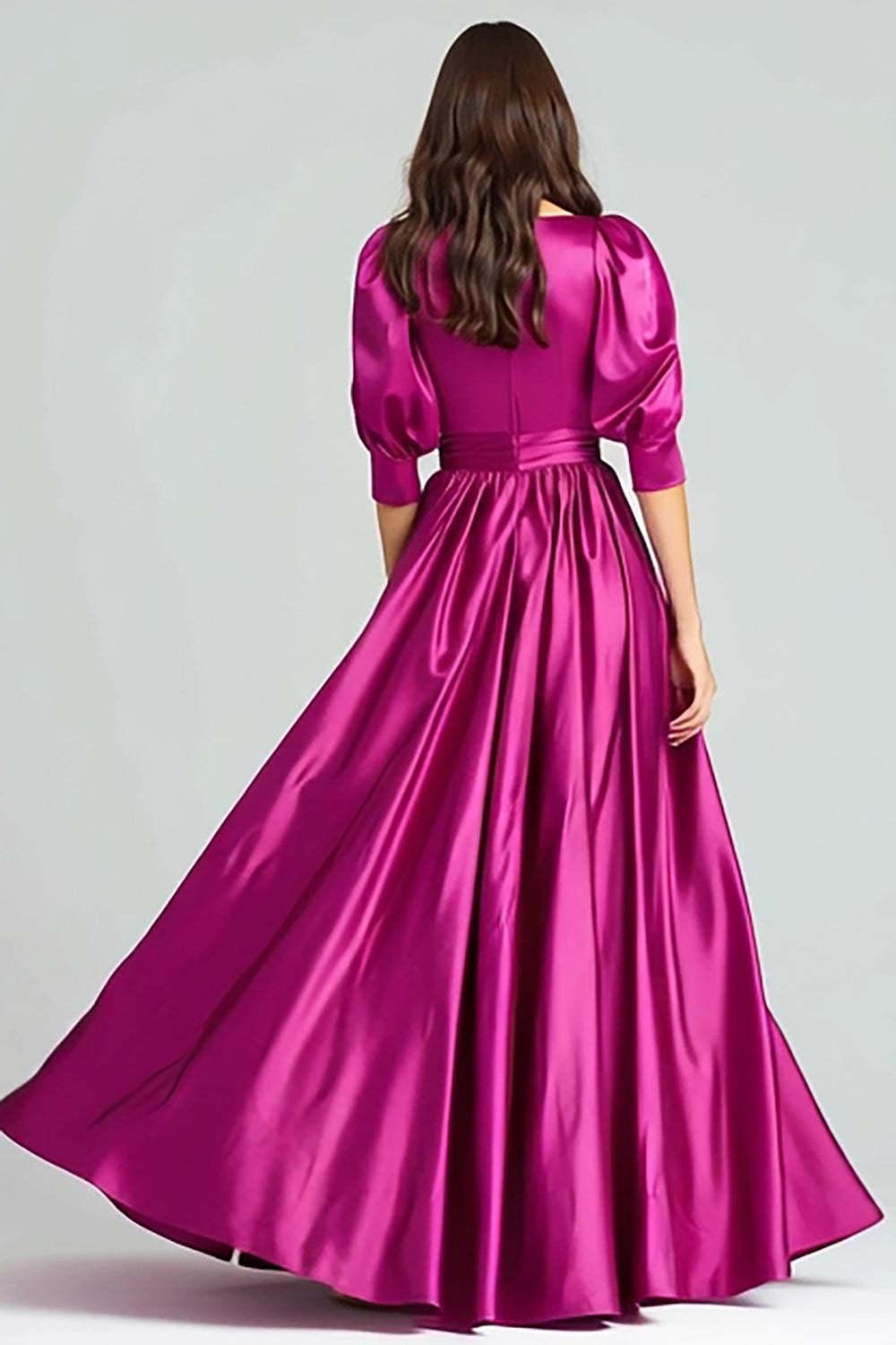 Dressystars Fuchsia A-Line Bateau Neck Satin Long Prom Dress With Sleeves