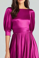 Dressystars Fuchsia A-Line Bateau Neck Satin Long Prom Dress With Sleeves