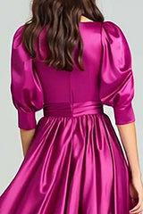 Dressystars Fuchsia A-Line Bateau Neck Satin Long Prom Dress With Sleeves