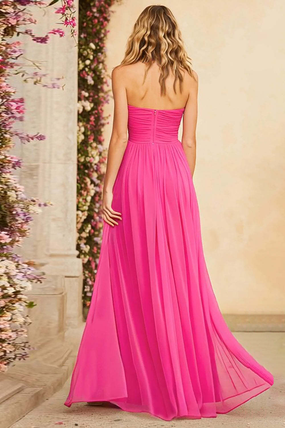 Dressystars Fuchsia A Line Halter Ruched Keyhole Long Chiffon Prom Dress With Slit