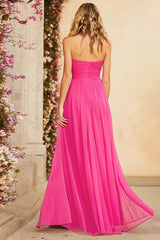 Dressystars Fuchsia A Line Halter Ruched Keyhole Long Chiffon Prom Dress With Slit