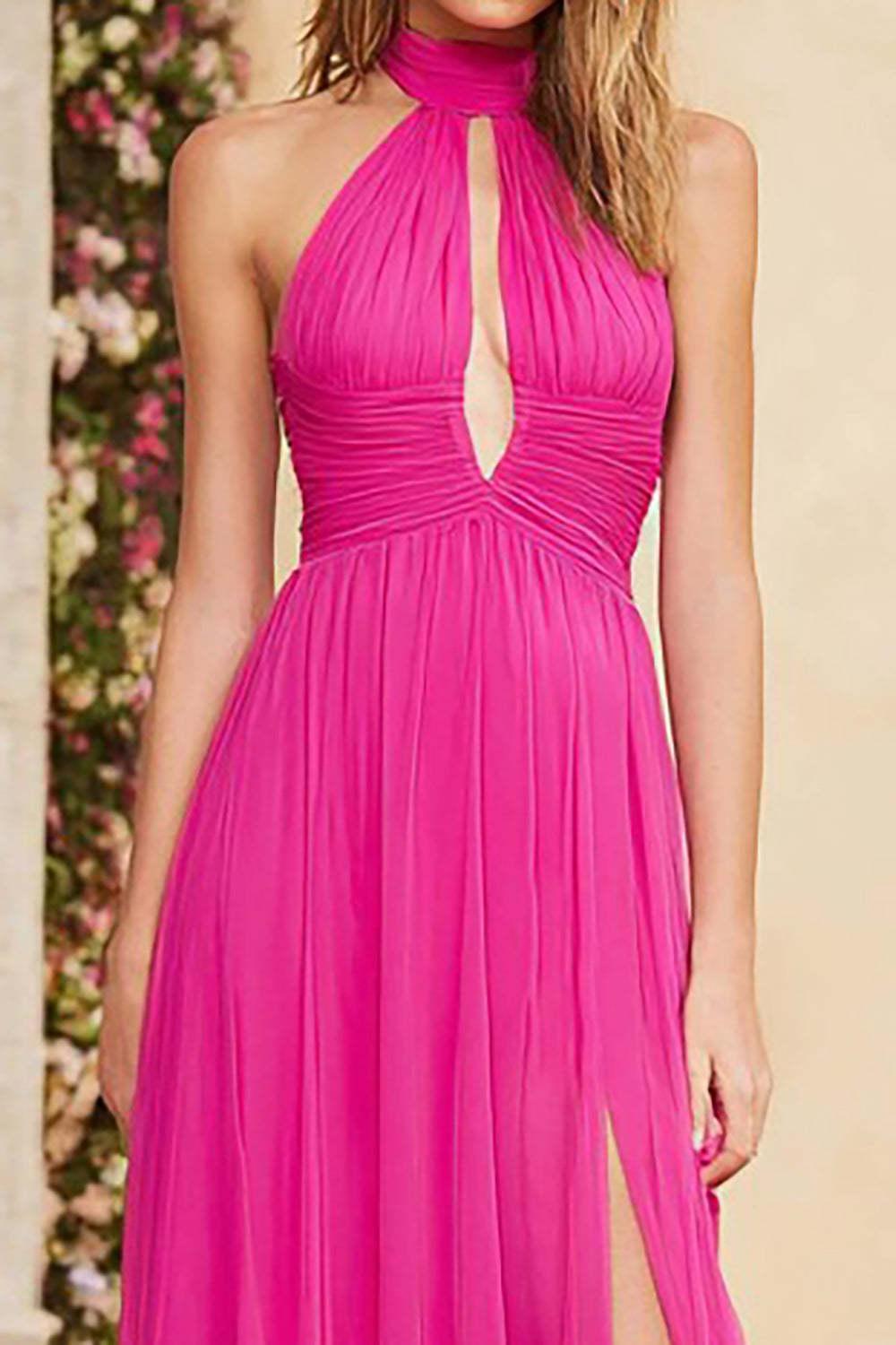 Dressystars Fuchsia A Line Halter Ruched Keyhole Long Chiffon Prom Dress With Slit