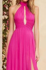 Dressystars Fuchsia A Line Halter Ruched Keyhole Long Chiffon Prom Dress With Slit