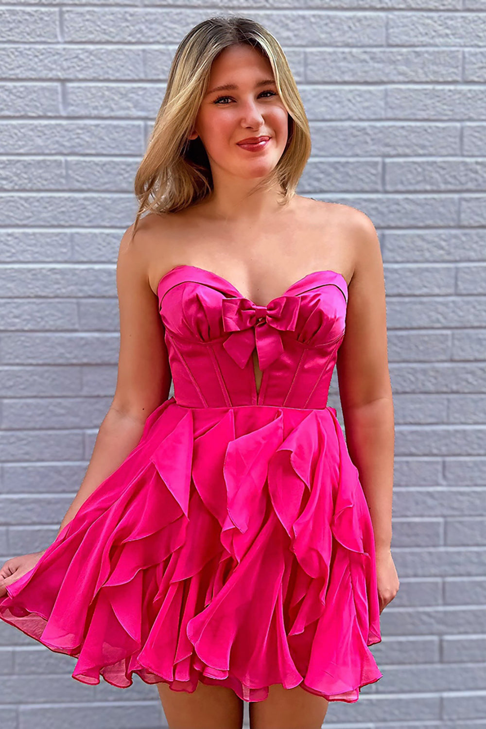 Fuchsia A Line Homecoming Dresses Ruffled Short Corset Cocktail Dresses With Bow