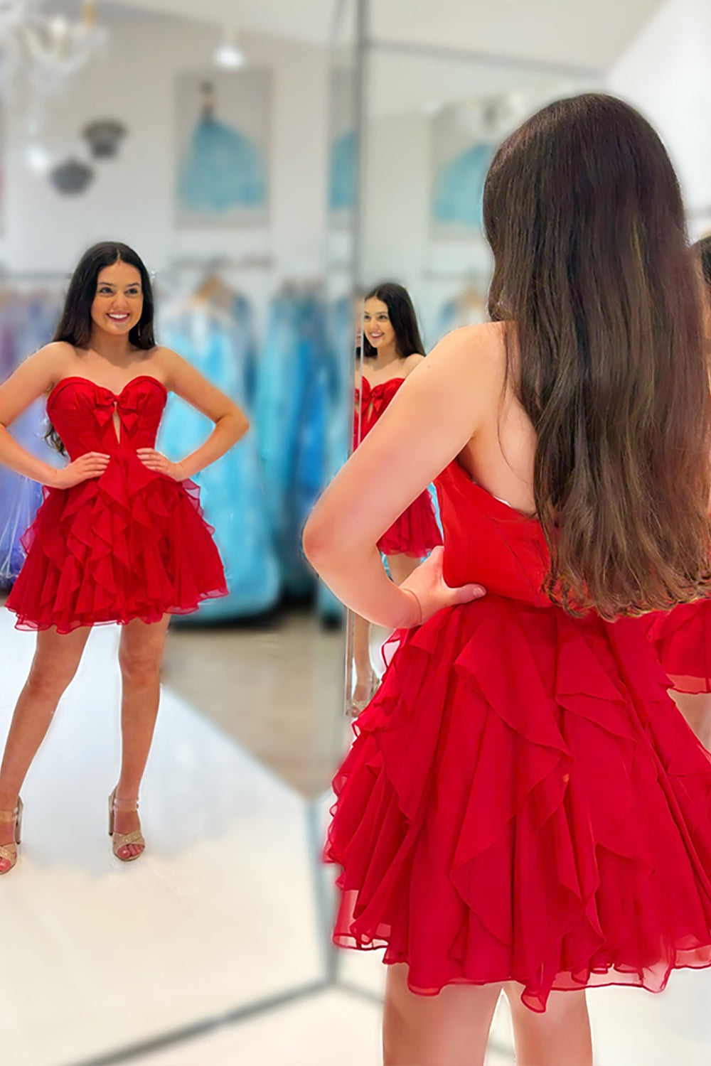 Fuchsia A Line Homecoming Dresses Ruffled Short Corset Cocktail Dresses With Bow