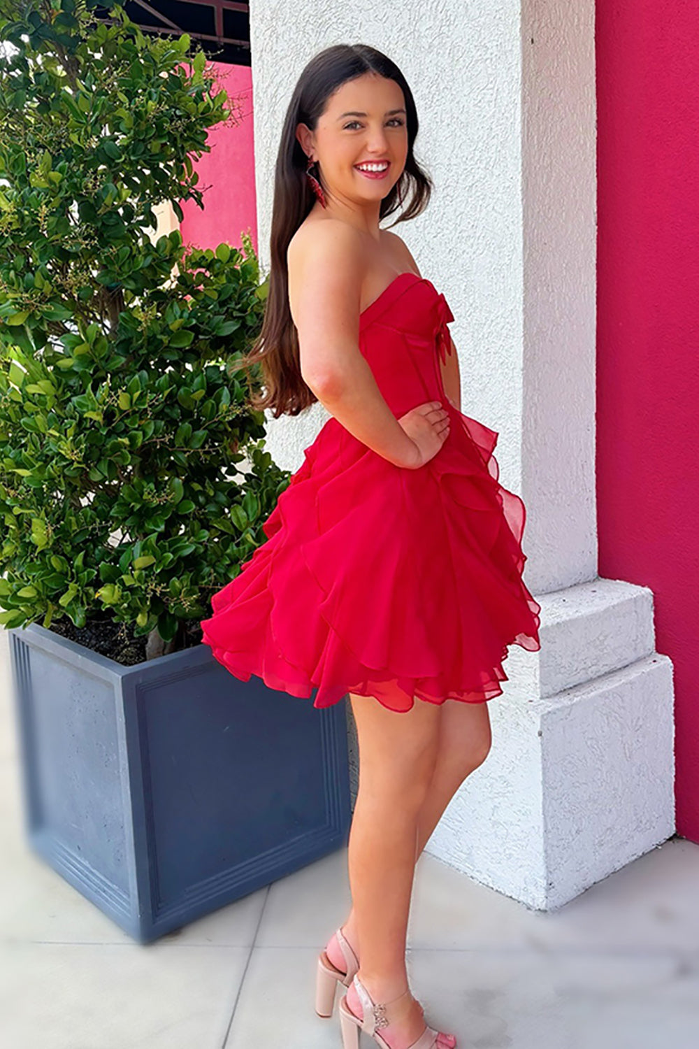 Fuchsia A Line Homecoming Dresses Ruffled Short Corset Cocktail Dresses With Bow