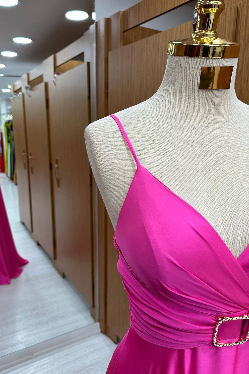 Fuchsia A Line Long Prom Dress Spaghetti Straps Evening Dress