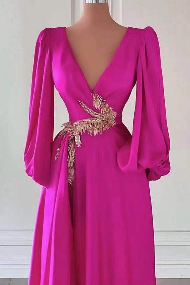 Fuchsia A Line Prom Dress Long Sleeve V Neck Formal Dress With Beadings and Rhinestones