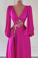 Fuchsia A Line Prom Dress Long Sleeve V Neck Formal Dress With Beadings and Rhinestones