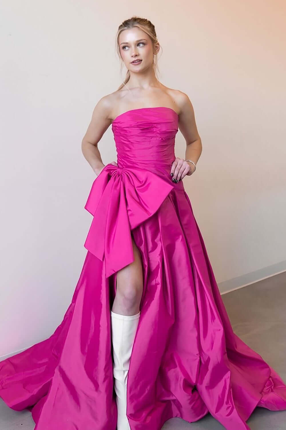Fuchsia A Line Prom Dress Sleeveless Strapless Satin Formal Dress