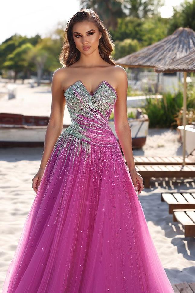 Fuchsia A Line Prom Dress Sleeveless Sweetheart Formal Dress With Beadings and Rhinestones