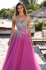 Fuchsia A Line Prom Dress Sleeveless Sweetheart Formal Dress With Beadings and Rhinestones