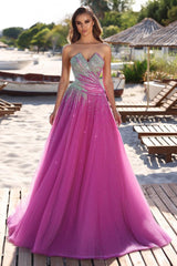 Fuchsia A Line Prom Dress Sleeveless Sweetheart Formal Dress With Beadings and Rhinestones