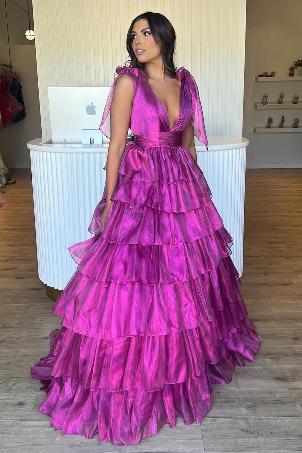 Glitter Hot Pink A Line V Neck Backless Long Tiered Prom Dress with Slit