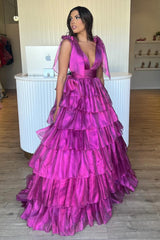 Fuchsia A Line Tiered Prom Dress V-Neck Long Ruffled Evening Dress