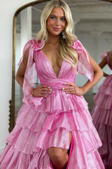 Fuchsia A Line Tiered Prom Dress V-Neck Long Ruffled Evening Dress