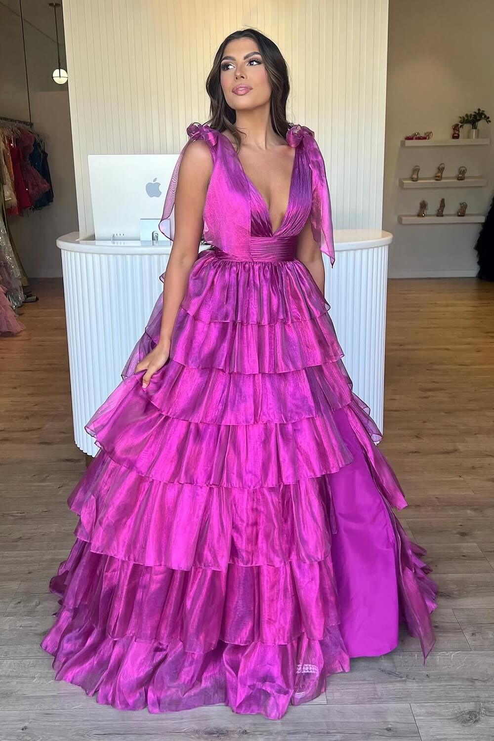 Glitter Hot Pink A Line V Neck Backless Long Tiered Prom Dress with Slit