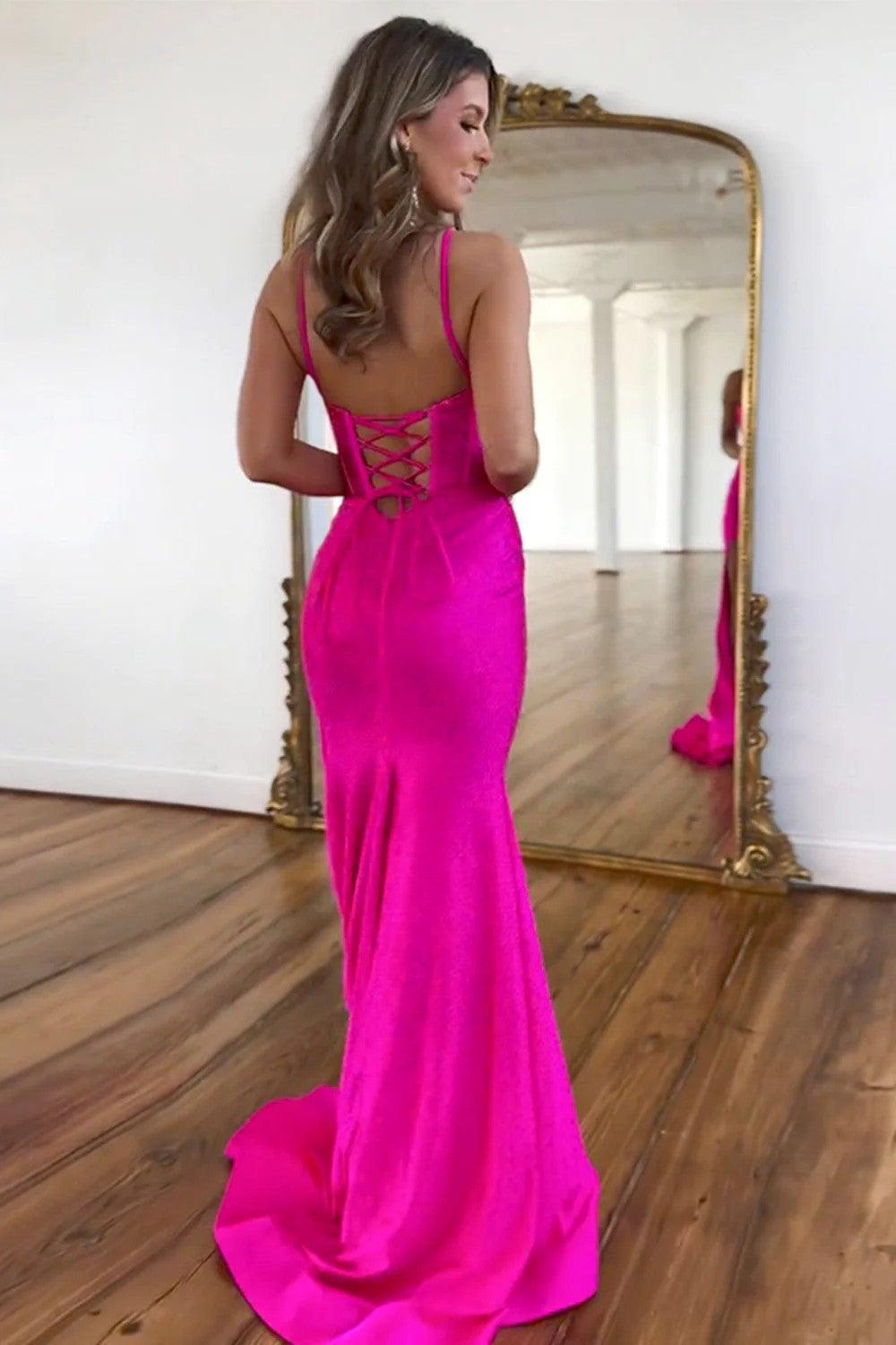 Dressystars Fuchsia Beaded Mermaid Prom Dress With Spaghetti Straps And Lace-Up Back Formal Evening Gown