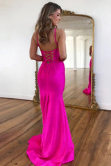 Dressystars Fuchsia Beaded Mermaid Prom Dress With Spaghetti Straps And Lace-Up Back Formal Evening Gown