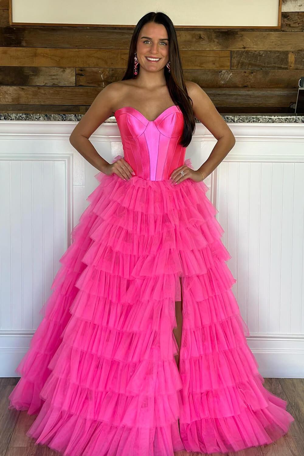 Fuchsia Corset Sweetheart A-Line Tiered Long Prom Dress with Slit