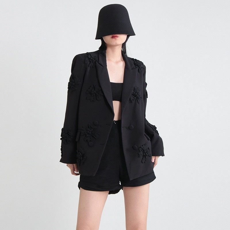 Fuchsia Double-Breasted Peak Lapel Blazer For Women Featuring Floral Details