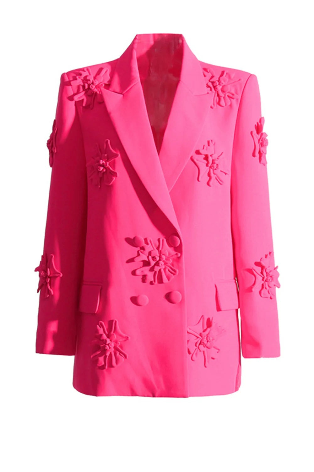 Fuchsia Double-Breasted Peak Lapel Blazer For Women Featuring Floral Details