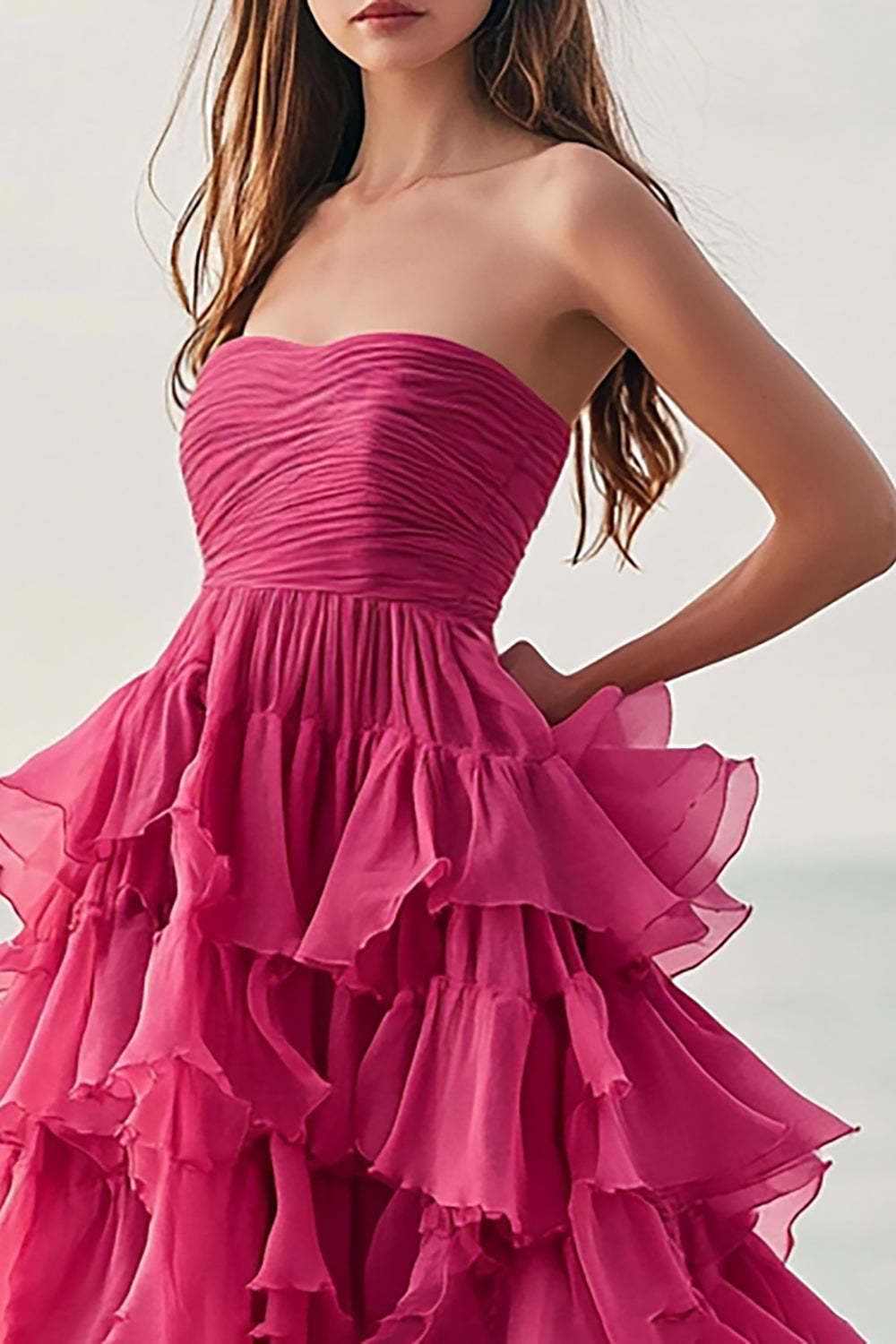 Dressystars Women Fuchsia Formal Dress Chiffon Strapless Long Ball Gown  Wedding Guest Dress With Ruffles
