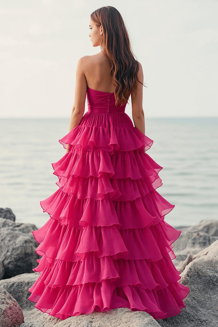 Fuchsia Formal Dress Chiffon Strapless Long Ball Gown Wedding Guest Dress With Ruffles Fuchsia Formal Dress Chiffon Strapless Long Ball Gown Wedding Guest Dress With Ruffles