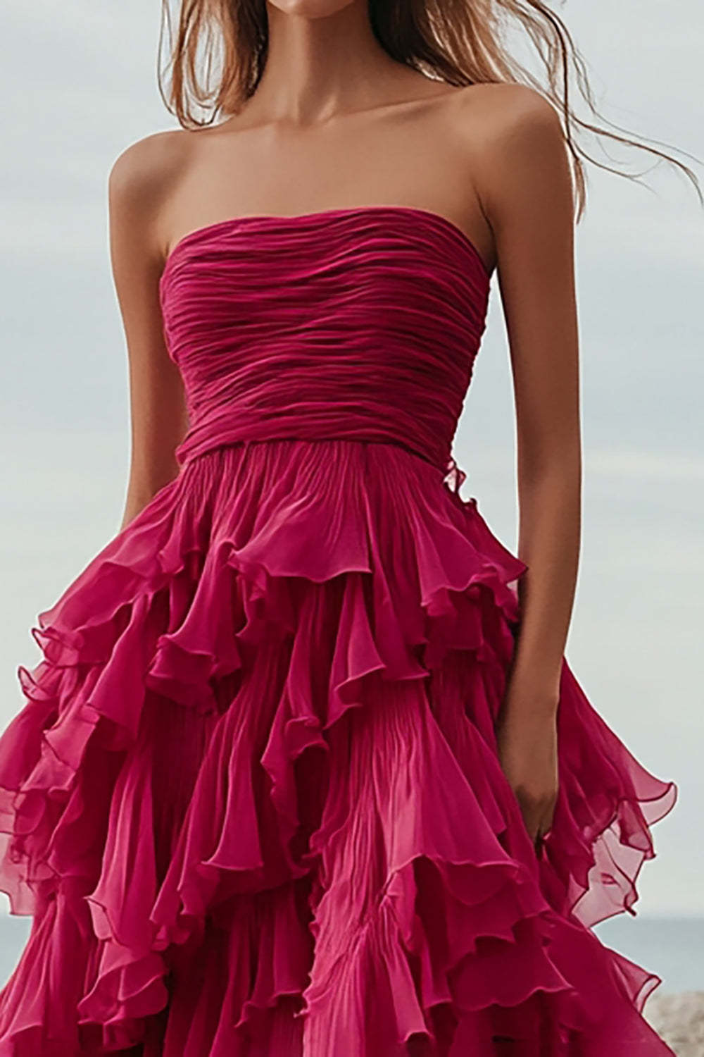 Fuchsia Formal Dress Organza Strapless Long Ball Gown Wedding Guest Dress With Ruffles