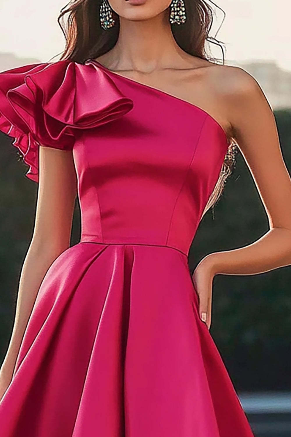 Fuchsia Formal Dress Satin One Shoulder High-Low Ruffled A Line Wedding Guest Dress