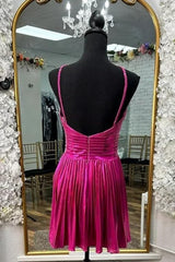 Fuchsia Homecoming Dress A-Line Halter Pleated Short Prom Dress