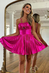 Fuchsia Homecoming Dress A-Line Halter Pleated Short Prom Dress