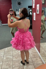 Fuchsia Homecoming Dress Corset Floral A-Line Short Prom Dress with Lace