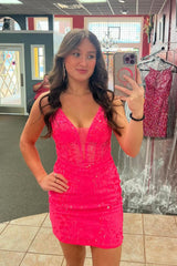 Fuchsia Homecoming Dress Corset Tight Short Prom Dress with Lace