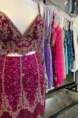 Fuchsia Homecoming Dress Spaghetti Straps Bodycon Short Prom Dress with Fringe