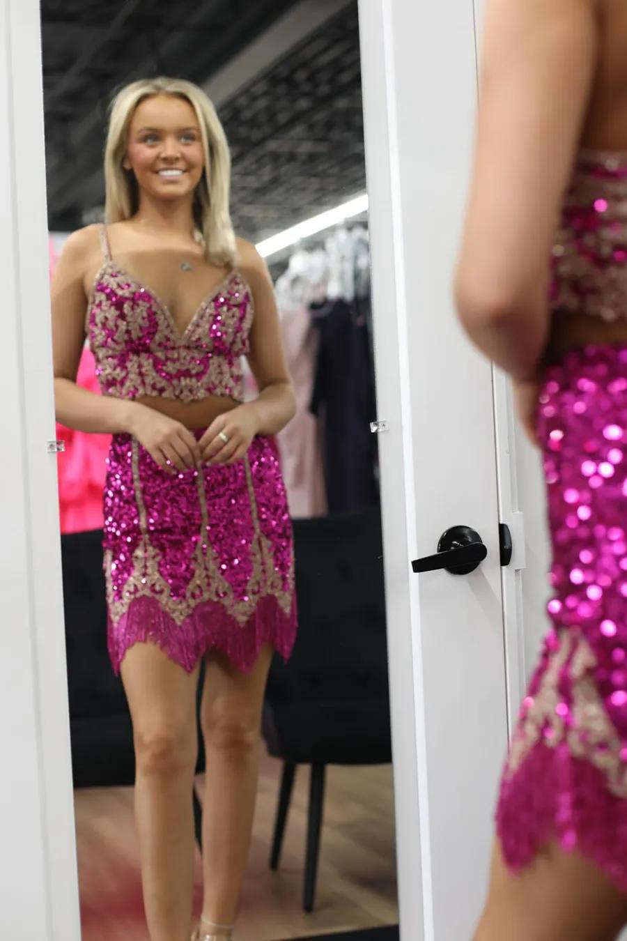 Fuchsia Homecoming Dress Spaghetti Straps Bodycon Short Prom Dress with Fringe