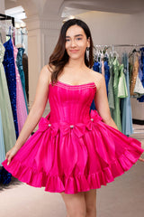 Fuchsia Homecoming Dress Strapless Corset Short Prom Dress With Bow