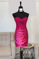Fuchsia Homecoming Dress Strapless Tight Corset Short Prom Dress with Lace