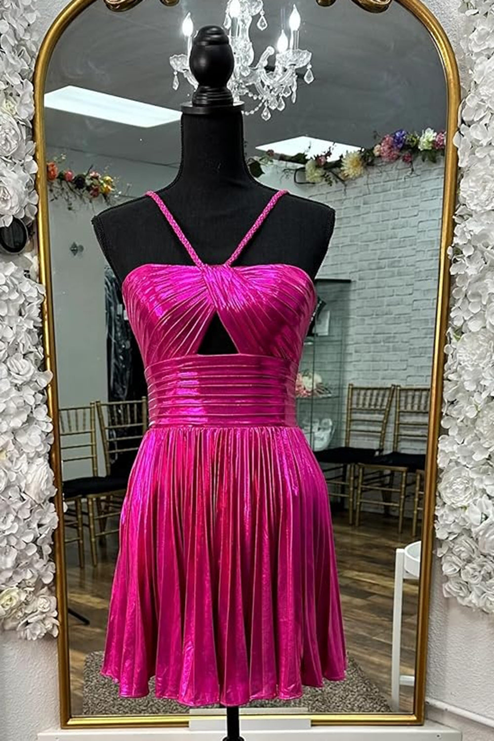 Fuchsia Homecoming Dresses A-Line Halter Pleated Short Cocktail Dresses