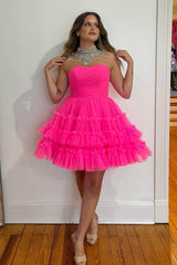 Fuchsia Homecoming Dresses A-Line Sweetheart Tulle Tiered Corset Short Cocktail Dresses