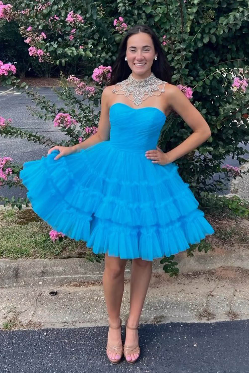 Fuchsia Homecoming Dresses A-Line Sweetheart Tulle Tiered Corset Short Cocktail Dresses