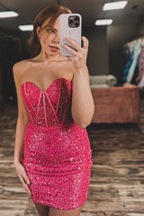 Fuchsia Homecoming Dresses Bodycon Sweetheart Sequin Corset Tight Short Cocktail Dresses