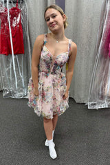 Fuchsia Homecoming Dresses Corset A Line Floral Short Cocktail Dresses