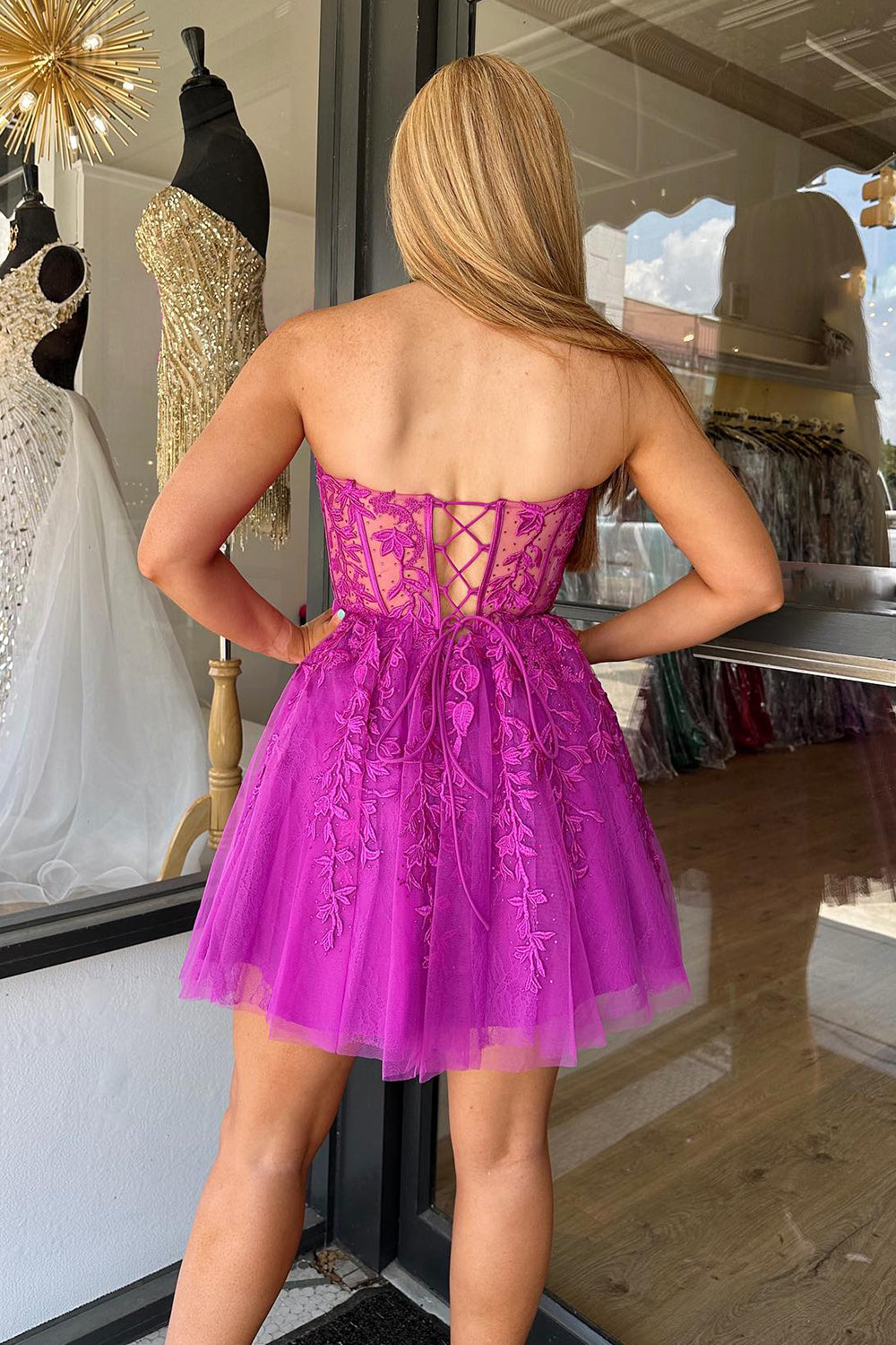 Fuchsia Homecoming Dresses Corset A-Line Tulle Short Cocktail Dresses with Lace