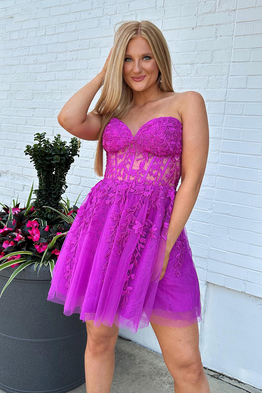 Fuchsia Homecoming Dresses Corset A-Line Tulle Short Cocktail Dresses with Lace